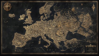 Naklejka premium Europe Map with Golden Cities.
