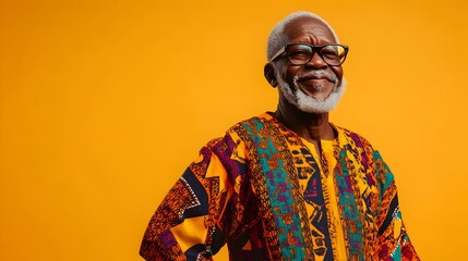 Obraz premium Portrait of a cheerful and content elderly Nigerian man dressed in a vibrant traditional dashiki outfit posing against a plain ochre background with studio lighting