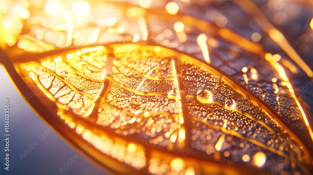Poster macro shot of illuminated leaf with bright patterns