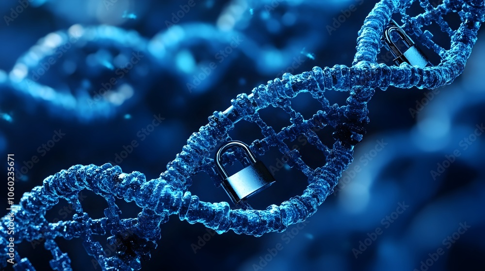 Poster depicting a dna strand wrapped in layers of security chains and padlocks symbolizing the importance 