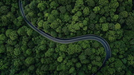 Aerial view of a winding road curving through dense green forest, showcasing lush foliage and natural landscape symmetry.