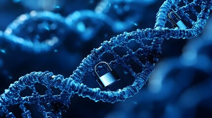 depicting a DNA strand wrapped in layers of security chains and padlocks symbolizing the importance of genetic data privacy and protection in the digital age