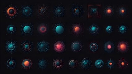 Big set of abstract graphic shapes with noisy gradient effect. Dark shapes and objects. Generative AI