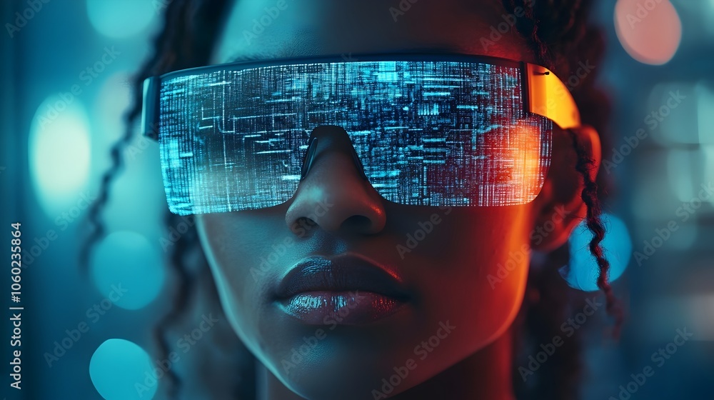 Poster a person wearing advanced augmented reality glasses with visible digital encryption shields protecti