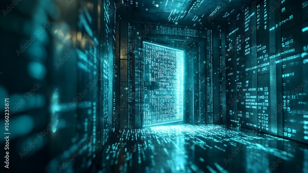 Poster locked digital vault with binary code spilling out representing the need to protect personal informa