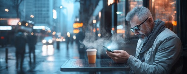 A focused entrepreneur checks global currency rates on a smartphone while enjoying coffee in a bustling city cafe, highlighting a blend of work and urban lifestyle.
