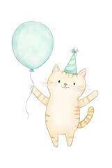 Cute cartoon cat with party hat and balloon.