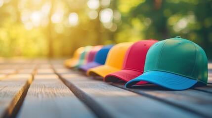Colorful Trucker Hats on Deck Against Clear Sky