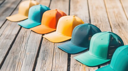 Colorful Trucker Hats on Sunlit Deck - Rustic Vibe
