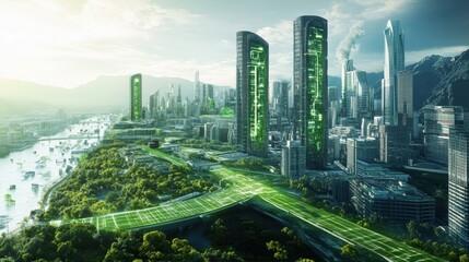 Obraz premium A futuristic cityscape featuring eco-friendly skyscrapers covered in greenery, with elevated green pathways and sustainable architecture, blending urban and natural elements. 