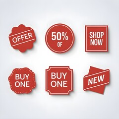 set of  red sale label. variety name offer, 50% of, shop now, buy one, new