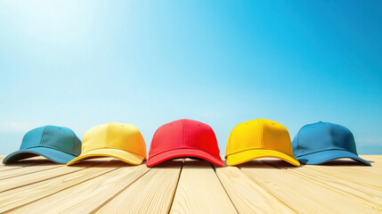 Vibrant Trucker Hats on Sunny Deck with Blue Sky