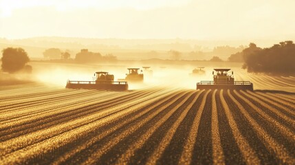 Fototapeta premium Large agricultural landscape with crops being harvested by modern machinery