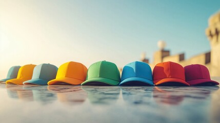 Colorful Trucker Hats on Marble Deck in Morning Light