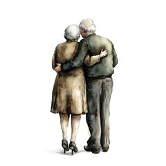 Fototapeta premium Elderly Couple Embracing, Watercolor Illustration.