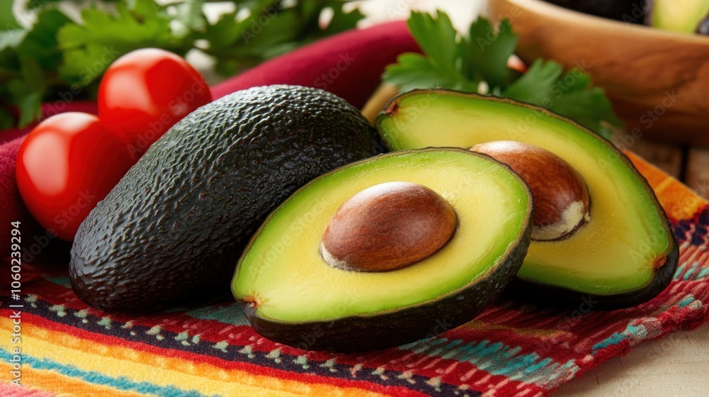 Poster a whole avocado and two avocado halves with a pit on a colorful napkin with red tomatoes and parsley