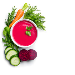Top view bowl of beetroot cold soup, garnished with fresh vegetables and herbs, isolated on white background