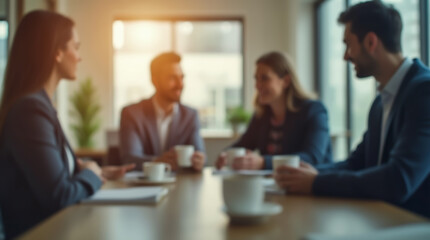 Obraz premium A group of colleagues drinking coffee in the break room and discussing work tasks, with a blurred image