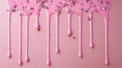 Delicious pink icing sauce dripping with colorful sprinkles for a sweet treat delight