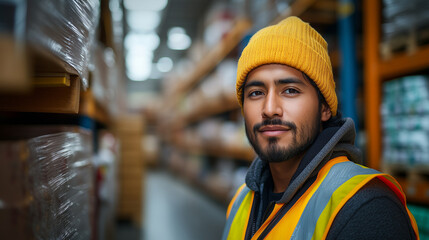 Fototapeta premium Logistic worker wearing a yellow beanie and safety vest in a warehouse, depicting inventory management and warehouse management
