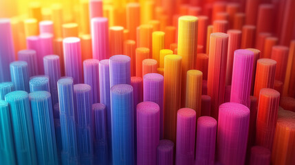 3d abstract illustration of cylindrical bars in blue purple pink orange and yellow in varying heights, evoking a sense of data visualization and futuristic urban landscape
