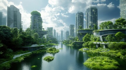 Obraz premium A futuristic cityscape with eco-friendly high-rise buildings covered in greenery, surrounding a calm river, representing sustainable urban planning and nature integration. 