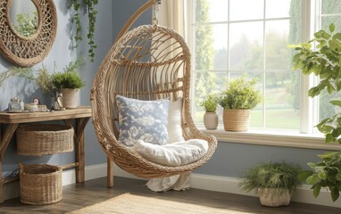 Fototapeta premium In this inviting boho interior design, a wicker and rattan hanging chair invites relaxation, embellished with a chic bohemian pillow.