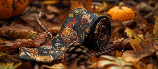 Cozy autumn themed still life composition featuring vibrant fall foliage pumpkins pine cones and other natural elements on a rustic wooden background  Ideal for seasonal home decor