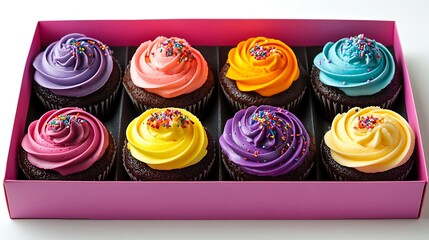 Obraz premium A colorful assortment of cupcakes in a pink box, decorated with swirls and sprinkles.
