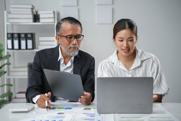 Fototapeta premium Business partners working together analyzing business data on documents and using laptop for marketing planning