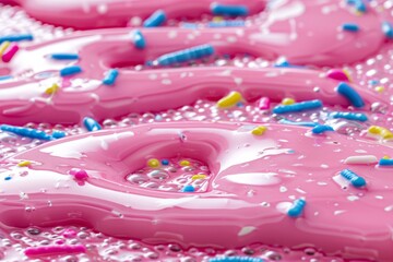 Delicious pink icing sauce dripping with colorful sprinkles for a sweet treat delight