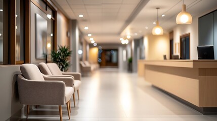 Modern and bright hospital waiting area with comfortable beige chairs, a sleek wooden reception desk, and soft pendant lighting creating a welcoming environment.