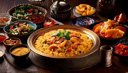 Feature the communal aspect of a Moroccan couscous meal