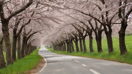Winding country road lined with blooming cherry trees