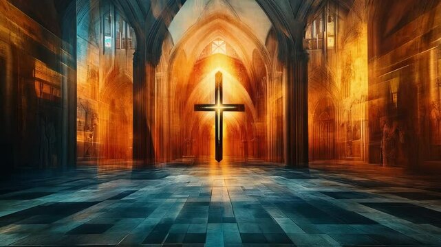 Cross crucifix glowing in orange light. The concept of faith, religion and the feast of Easter. Christianity, Orthodoxy, Catholic.