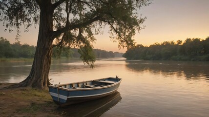 Obraz premium Small boat tied to a tree on a riverbank at sunrise