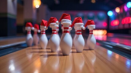 Holiday bowling with pins decorated with Santa's hat at the center of attention. A sports concept for families and teams during the vacations