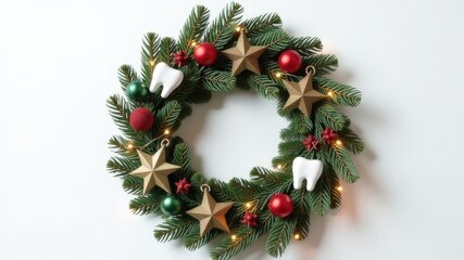 Festive Christmas dental wreath with decorated pine branches, stars, and teeth ornaments