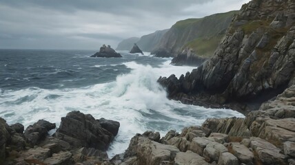 Fototapeta premium Scenic view of a rocky coastline with waves crashing below