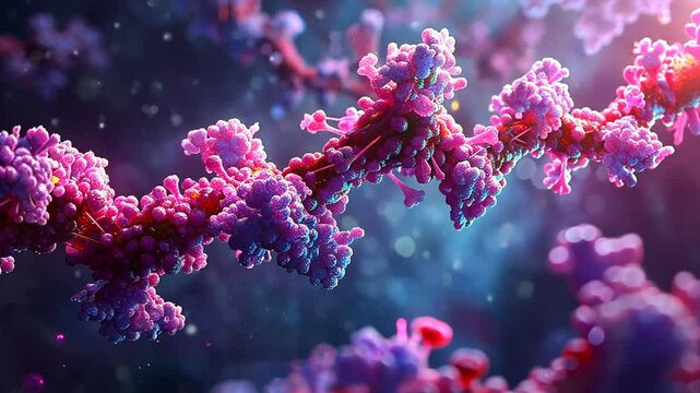 A vibrant molecular structure, resembling a string of DNA, is illuminated in rich colors. The scene captures intricacies and beauty with a captivating light effect, creating a mesmerizing atmosphere