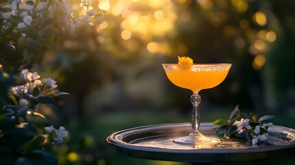 Photo of a fancy glass with a yellow cocktail on a silver tray, with a garden in the background