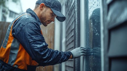 Skilled technician addressing water infiltration through doors and windows in rain