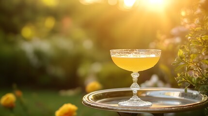Photo of a fancy glass with a yellow cocktail on a silver tray, with a garden in the background