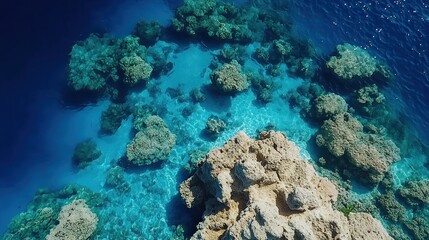 Fototapeta premium An aerial view of a rocky coastline with crystal clear turquoise water.