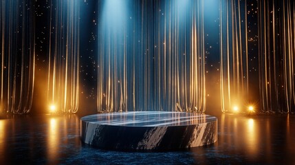 Grand luxury podium made of sleek silver and black marble, standing in the center of a stage with glitter light effects