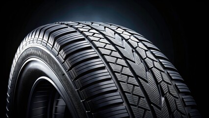 Car Tire on Black Banner Background with Textured Surface for Auto Industry Promotions, Vehicle Maintenance, and Tire Shopping, Ideal for Advertising and Marketing Campaigns