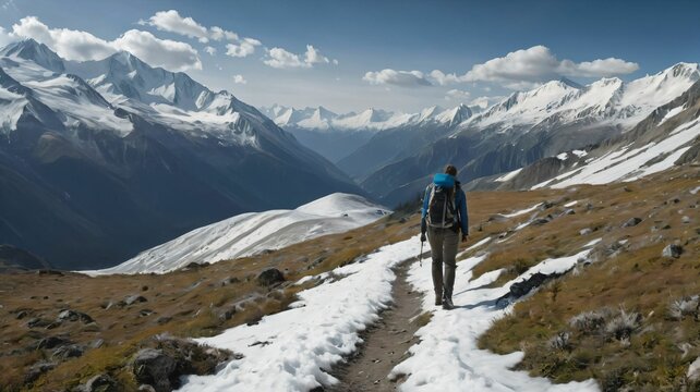 Hiker on a trail with a panoramic view of snow capped mountains
