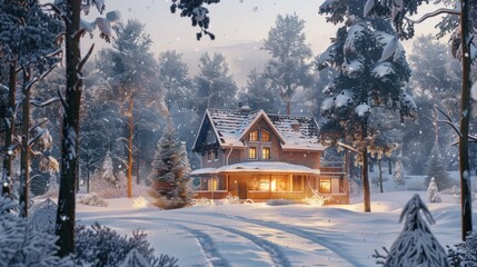 Naklejka premium Snowy Winter Cabin in Forest