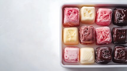 A tray of colorful ice cream cubes in various flavors arranged neatly.
