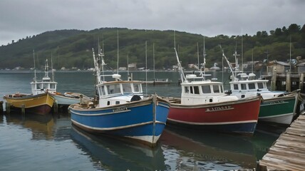 Fototapeta premium A row of colorful fishing boats docked at a pier